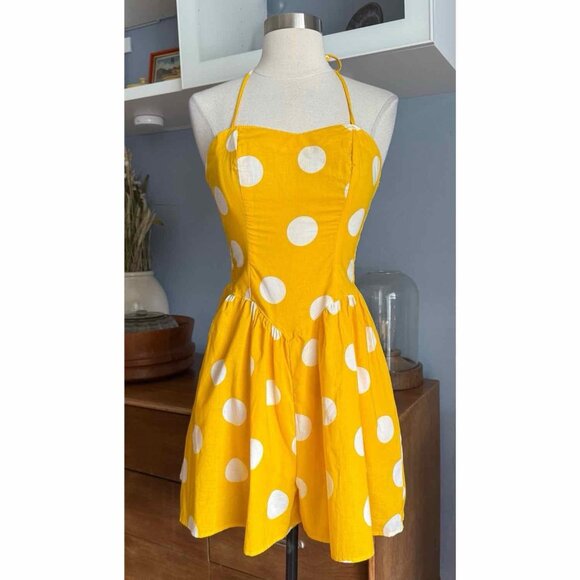 Byer California Pants - Vintage Byer California Yellow Polka Dot Romper Halter Neck Size S/M